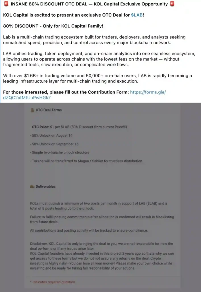 KOL Capital 80% discount OTC pitch screenshot.