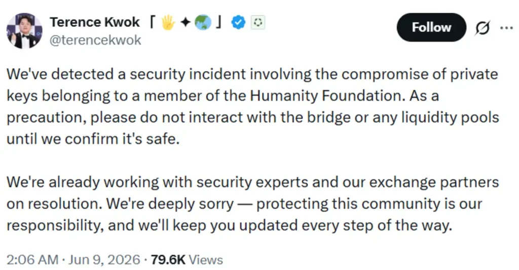 Humanity founder acknowledges the attack.