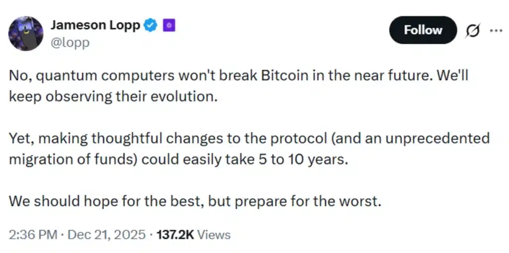 Casa CSO’s views of Bitcoin and quantum threat.