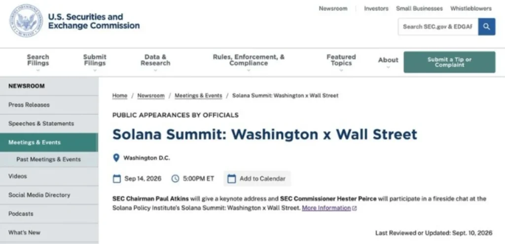 SEC Chair Paul Atkins Joins Solana Summit — Crypto’s Next Regulatory Test Nears